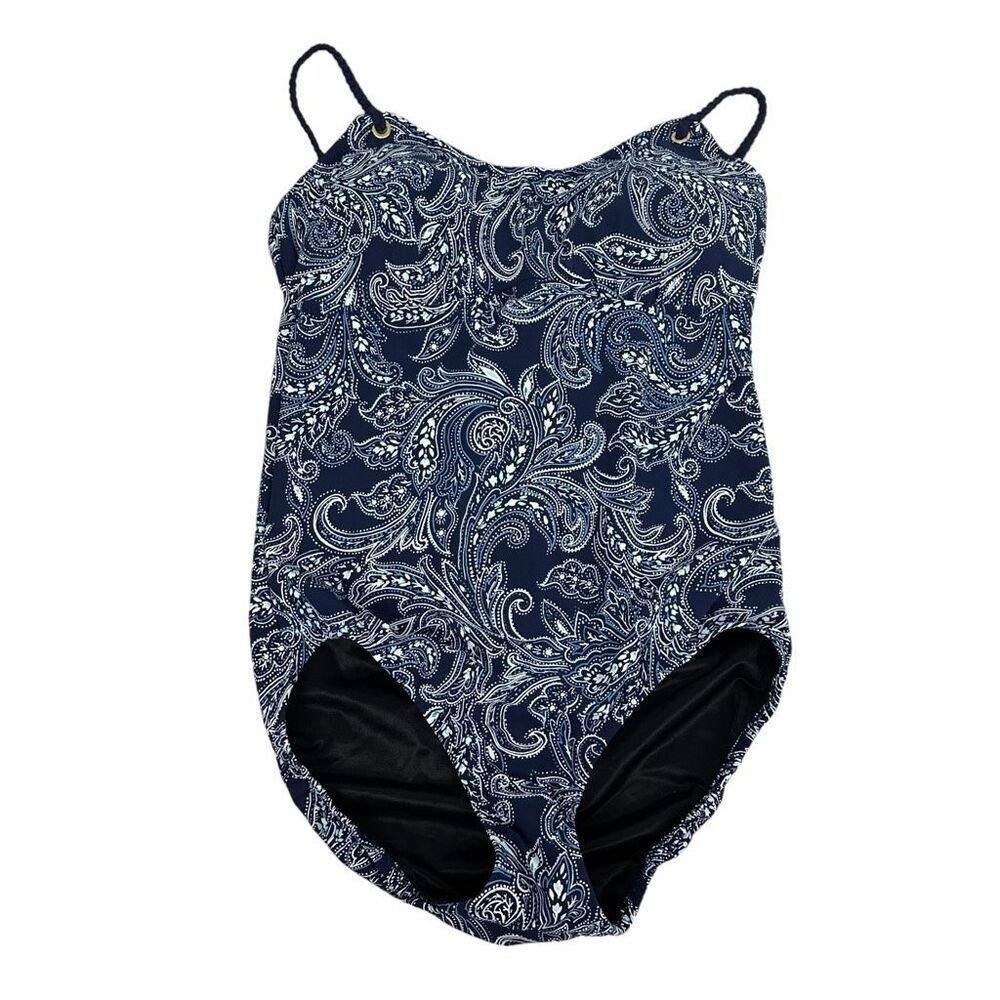 Lands' End Women's Tummy Control Navy Paisley Swimsuit size 10
